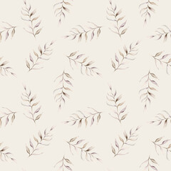 Watercolor seamless pattern with botanical autumn illustration branches. Autumn floral illustration. Hand painted drawing isolated on white background. Elegant floral herds pastel color. Cute plants