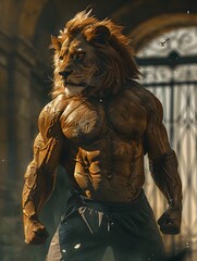 Surreal of Muscular Lion Athlete Performing Calisthenics Workout in Sportswear