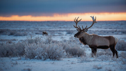 Frozen Tundra Majesty, Reindeer Grazing, Antlers Adorned with Ice Crystals