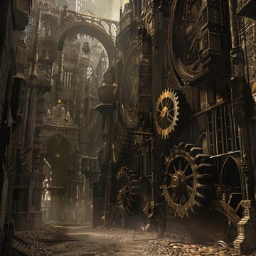 A captivating 3D rendering of a steampunk city street, showcasing intricate architecture adorned with gears and machinery. The dimly lit scene evokes a mysterious and industrial atmosphere