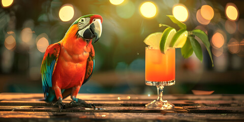 Red, blue and yellow macaw with orange juice and slice of lemon on the wooden table with bokeh lights background.