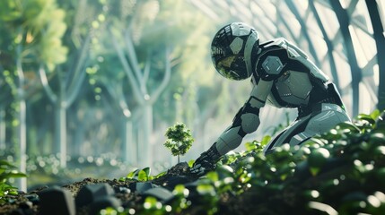 AI robot planting trees in a futuristic bio-dome
