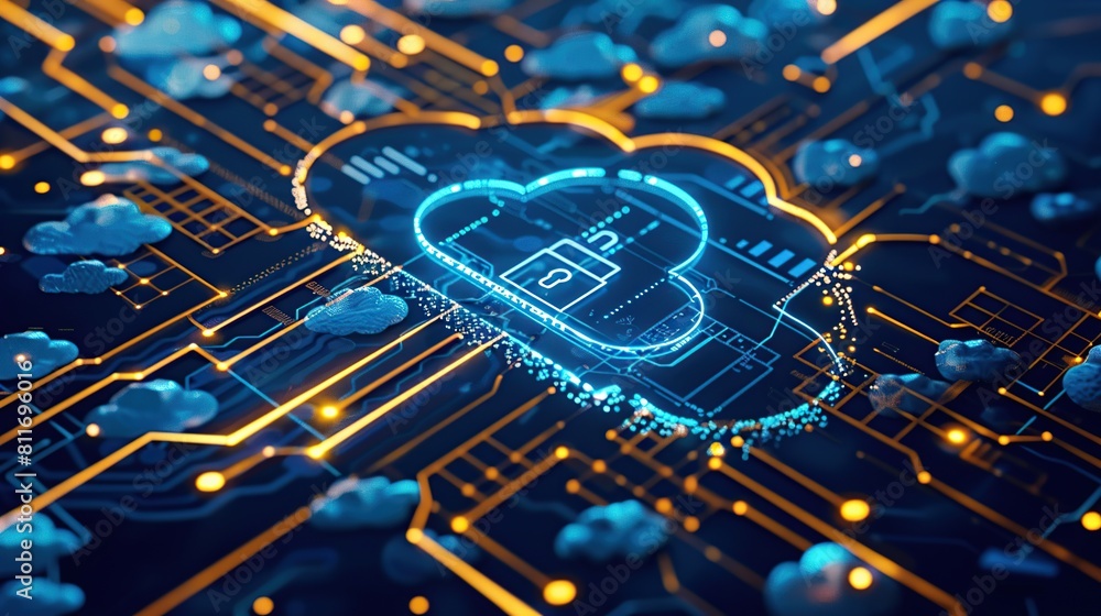 Poster cloud with lock icon surrounded icons of technology and digital marketing in the background.