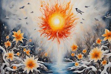 water color Abstract surrealism expressionism acrylic painting of fire, wind, snow, and rain with a depth of field of the sunshine, mother nature depicted i