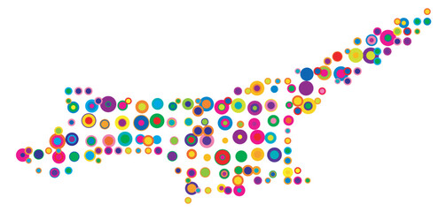 Abstract map of Turkish Republic of Northern Cyprus drawn with overlapping colored circles like sweets or candies