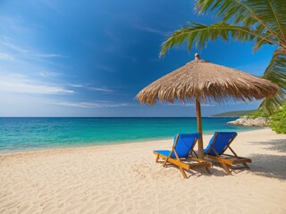 Two empty seats under a palm leaf parasol stand on a sandy beach against the background of beautiful blue sea