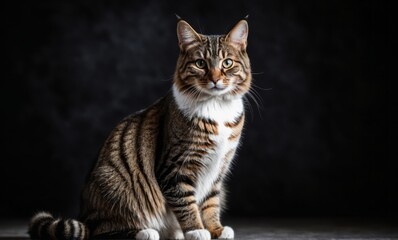 Studio portrait of a sitting tabby cat looking forward against a white background
