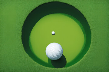 water color golf ball on green next to hole overhead angle