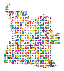 Abstract map of Angola drawn with overlapping colored circles like sweets or candies