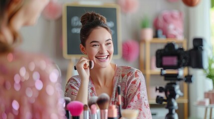 blogging, technology, videoblog, makeup and people concept - happy smiling woman or beauty blogger