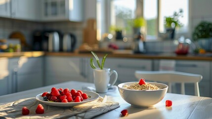 A bowl of oatmeal and strawberries on a kitchen table.
