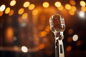 Retro microphone on stage background with bokeh. Music concept