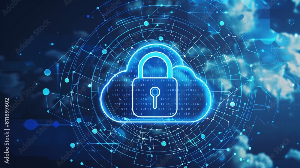 Poster cyber security and data protection with cloud and padlock icon on dark blue background.