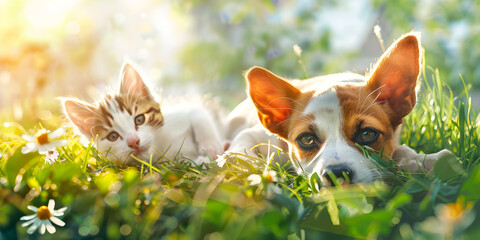 A group of animals are sitting in a pile of green grass The animals include a cat and a dog The cat and dog looking at the camera with blurred background.