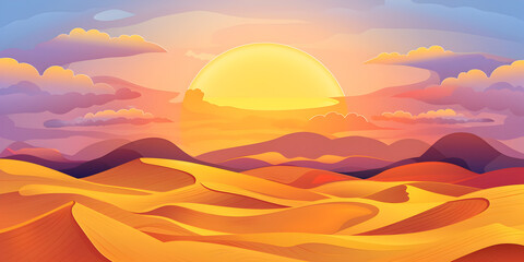 Beautiful Sunset Over The Sand Dunes Desert digital painting  and mountain landscape with mountains in the background.