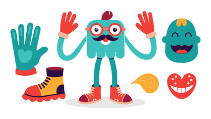  Comic groovy hands in gloves, vintage legs and foot in shoes and funny emotion. Different poses arm and feet. Body parts mascot. Vector set on white background