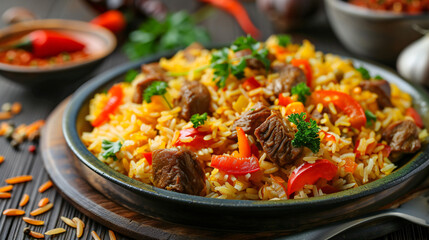 Plate with boiled rice meat and sweet pepper on table