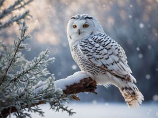 Frosty Perch, White Winter Owl on Tree Branch, Adorning Snowy Landscape