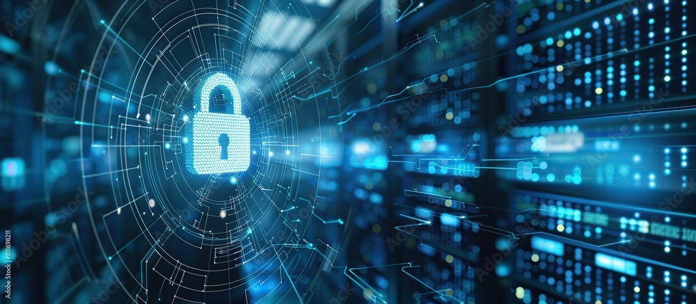 Poster Cloud with lock surrounded icons of technology concept of data security with padlock and cyber connection..