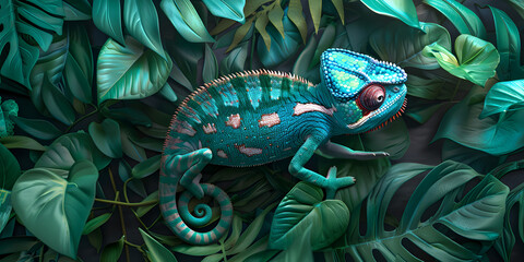 A chameleon surrounded by many green leaves in a jungle.