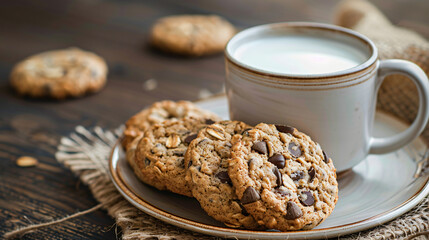 Plate with delicious oatmeal cookies and cup of milk o