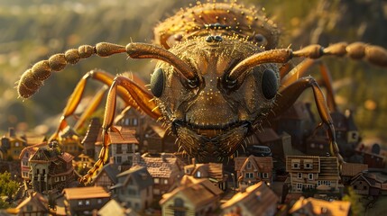 Colossal Ant Dominates Miniature Town in Surreal Digital