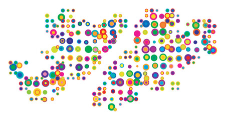 Abstract map of the Falkland Islands drawn with overlapping colored circles like sweets or candies