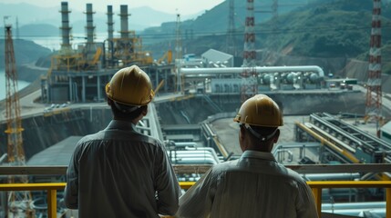 Two engineers in hard hats looking out at an industrial power plant high voltage production plant Power plants, nuclear reactors, energy industries
