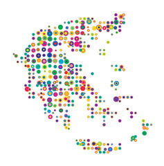 Abstract map of Greece drawn with overlapping colored circles like sweets or candies