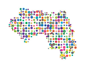 Abstract map of Guinea drawn with overlapping colored circles like sweets or candies