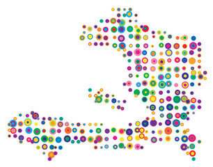 Abstract map of Haiti drawn with overlapping colored circles like sweets or candies