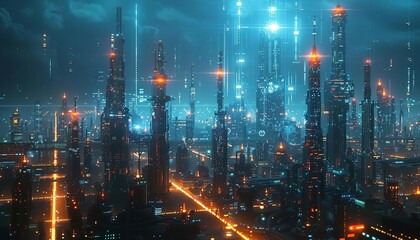 Fototapeta premium A panoramic view of a blockchainpowered industrial landscape, with factories and machines connected by data links