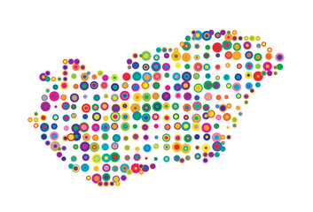 Abstract map of Hungary drawn with overlapping colored circles like sweets or candies