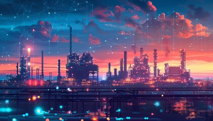 Fototapeta premium A panoramic view of a blockchainpowered industrial landscape, with factories and machines connected by data links