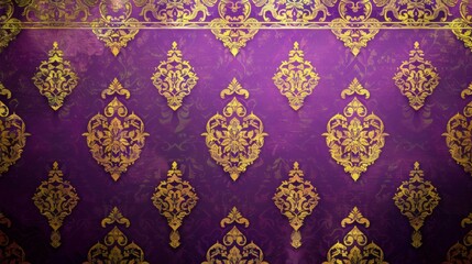 A traditional Thai pattern in gold on purple, featuring symmetrical and ornate designs with an empty central space for text or logo.