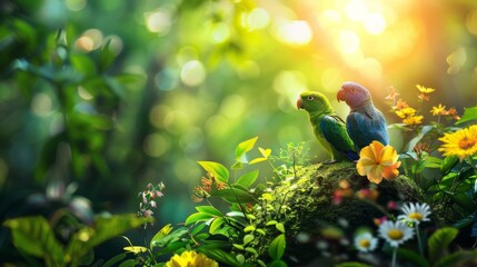 A parrot sits on a branch in a lush green forest. The parrot is surrounded by colorful flowers and...