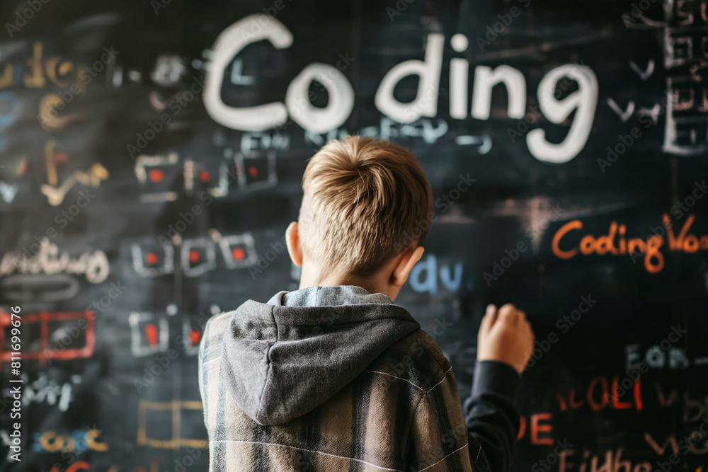 Poster back view of a student writing pn a school board the text coding