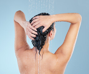 Girl, shower and hair for washing in studio, shampoo and water for hygiene on blue background. Female person, cosmetic and liquid for haircare or grooming, back and confident for pamper routine