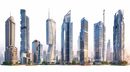 Fototapeta premium Skyscraper set, white background, high rise, super tall, giant skyscraper collection, apartment, perspective, contemporary, 3D, bank, property, real estate, smart，Contemporary High-Rise Skyscraper 