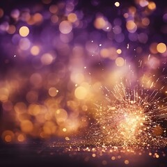 Purple and gold bokeh background with sparkles. Gold and dark violet fireworks. New Year background. Generative AI.