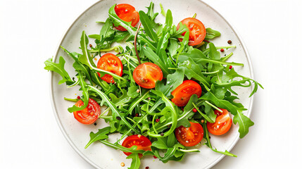 Plate with tasty arugula salad on white background