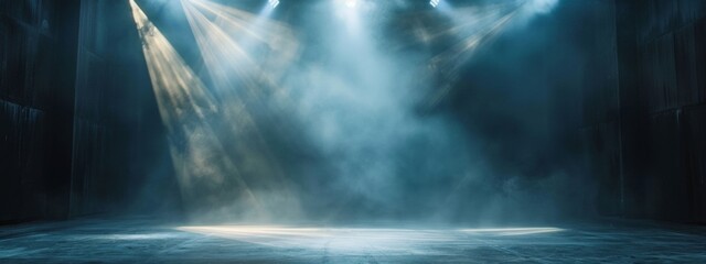 vector spotlights shining down on an empty stage with soft light, vector illustration, flat design.	