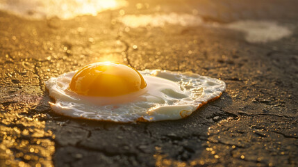 A conceptual image representing heat waves, with a cracked egg frying naturally on the hot, sunlit pavement 