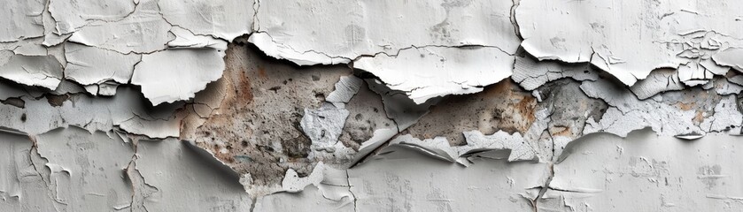 Close-up of a cracked and peeling white painted wall.