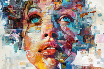 A woman's face is painted in a colorful and abstract style