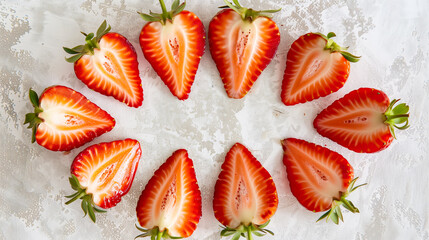A delicate arrangement of strawberries cut in half, arranged in a circle with the tips pointing outward, on a light grey background 