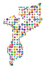 Abstract map of Mozambique drawn with overlapping colored circles like sweets or candies