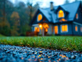 A house in the rain with grass and trees.