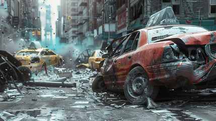 A car is destroyed in a city street with a taxi cab in the background