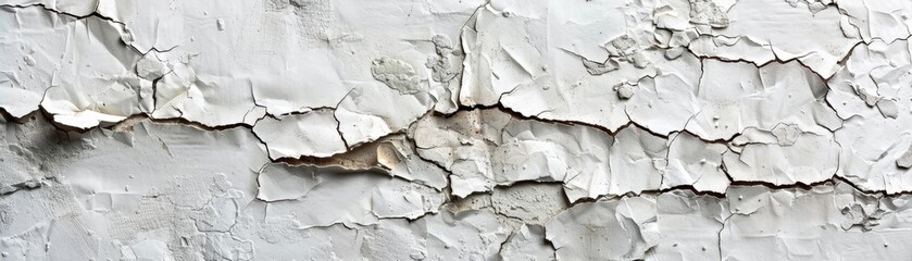 Close-up of a cracked and peeling white painted wall texture.